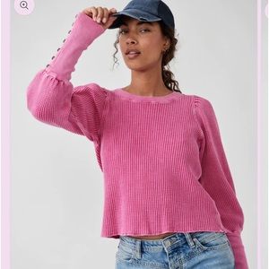 New Free People Pink Rose Phenomenon Thermal Button Long Sleeve Ribbed Top